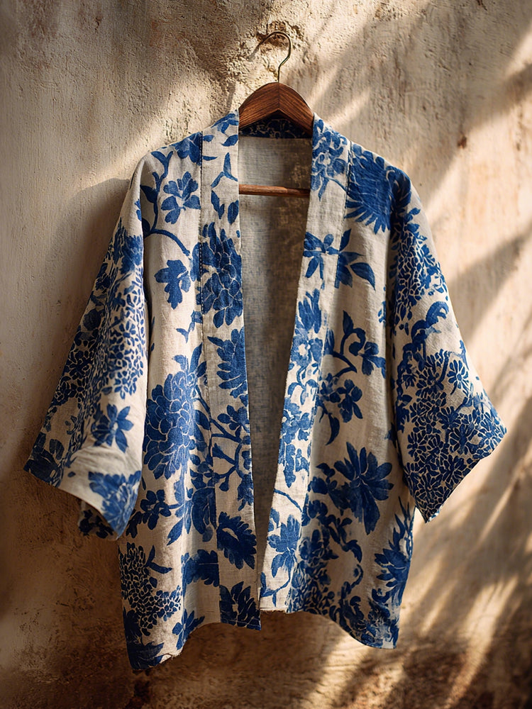 Vintage Japanese Traditional Sashiko With Floral Art Print Cotton And Linen Blend Kimono Cardigan
