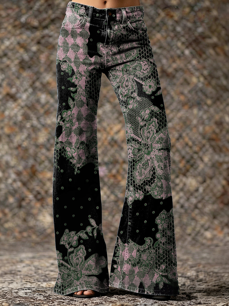 Women's Vintage Pink Black Lace Collage Floral Art Printed Casual Slim  Wide Leg Pants
