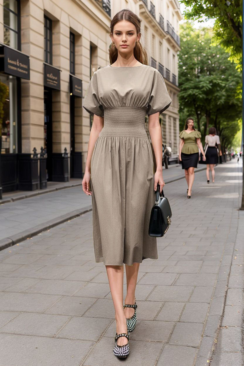 WAIST SMOCKED MIDI DRESS