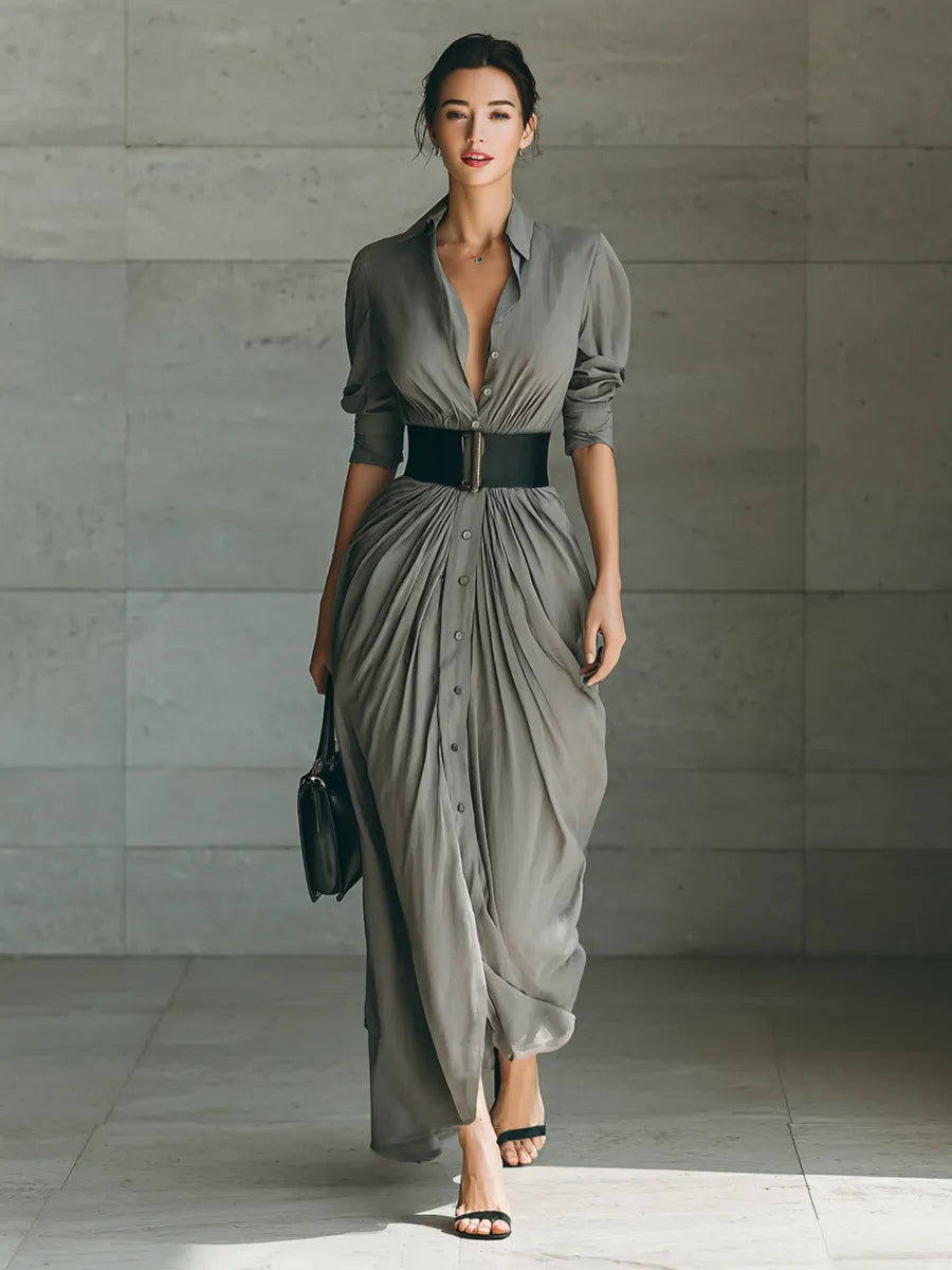 Ladies Lapel Long Sleeve Single Breasted Belt Maxi Dress MDA1758G1Y