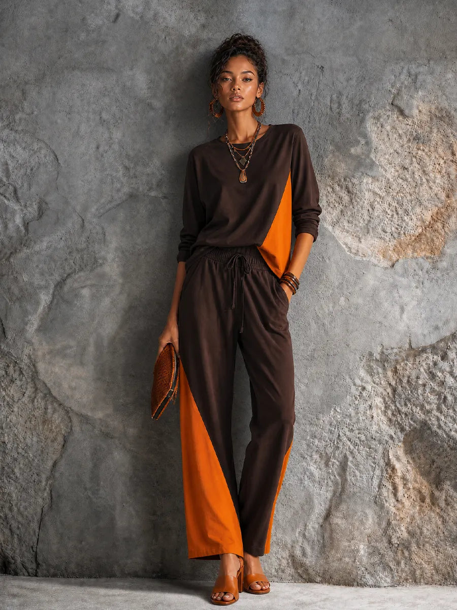 Women's Casual Dark Brown Spliced Orange Cotton Blend Contrast Slice Drawstring Wide Leg Pants Two Piece Set MDZ1329G3GMJ