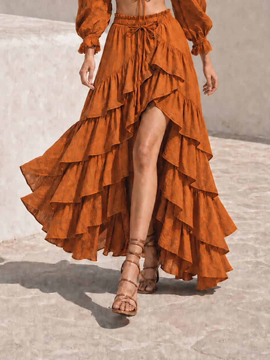 Caramel Lace-Up V-Neck Puff Sleeve Crop Top & Irregular Ruffle Maxi Skirt Two-Piece Set MDZ1708G3CMX