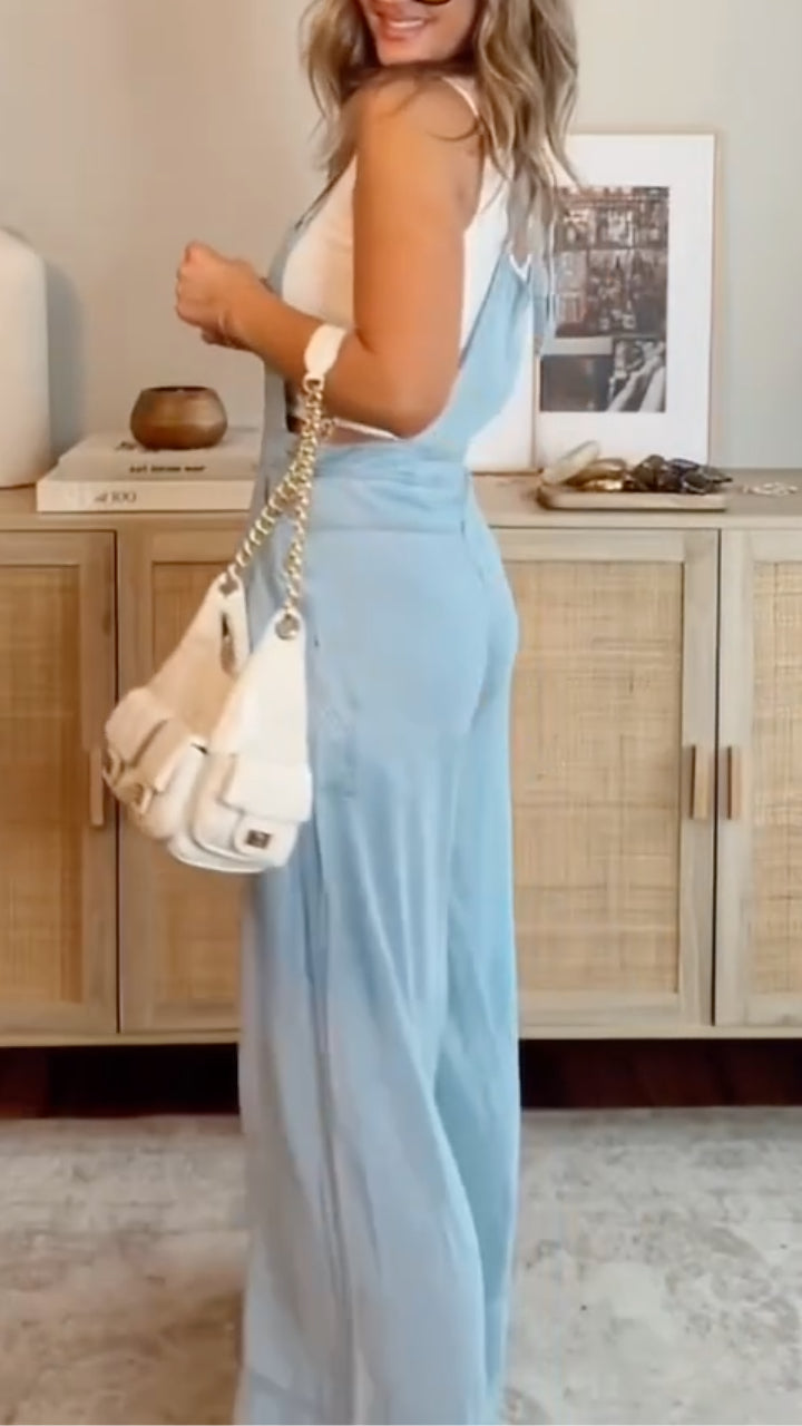Light Blue  Wide-Leg Overalls