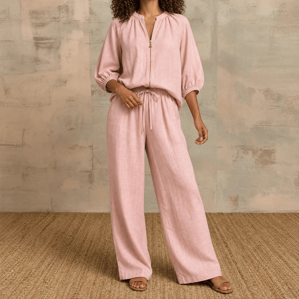 Veluna – Women's Linen Two-Piece Set with Gold Zip