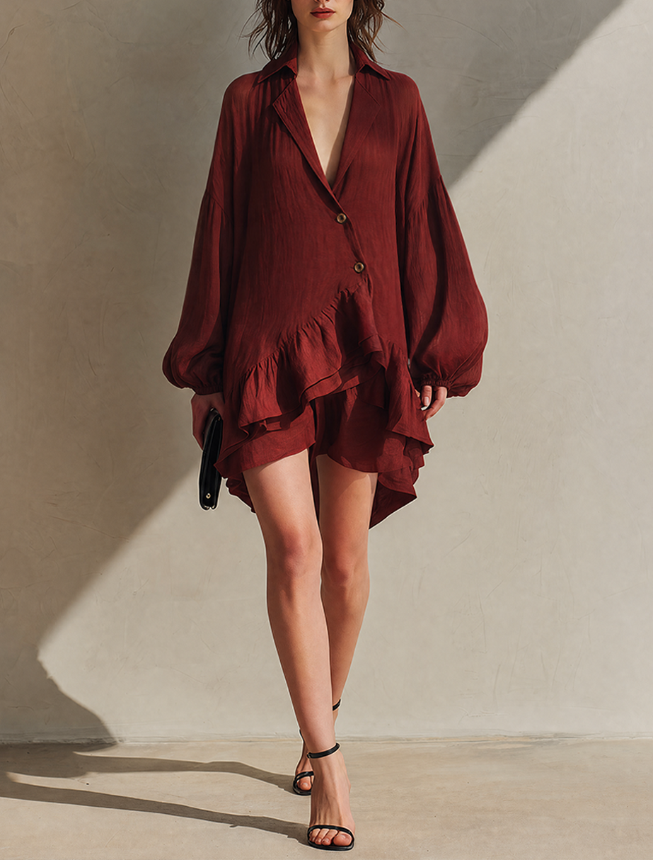 Women's Minimalist Solid Red Cotton-Linen Blend Single-Breasted Collared Long-Sleeve Mini Dress MDZ0971G6ZRK