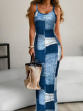 Women Suspender Patched Casual Denim Dress