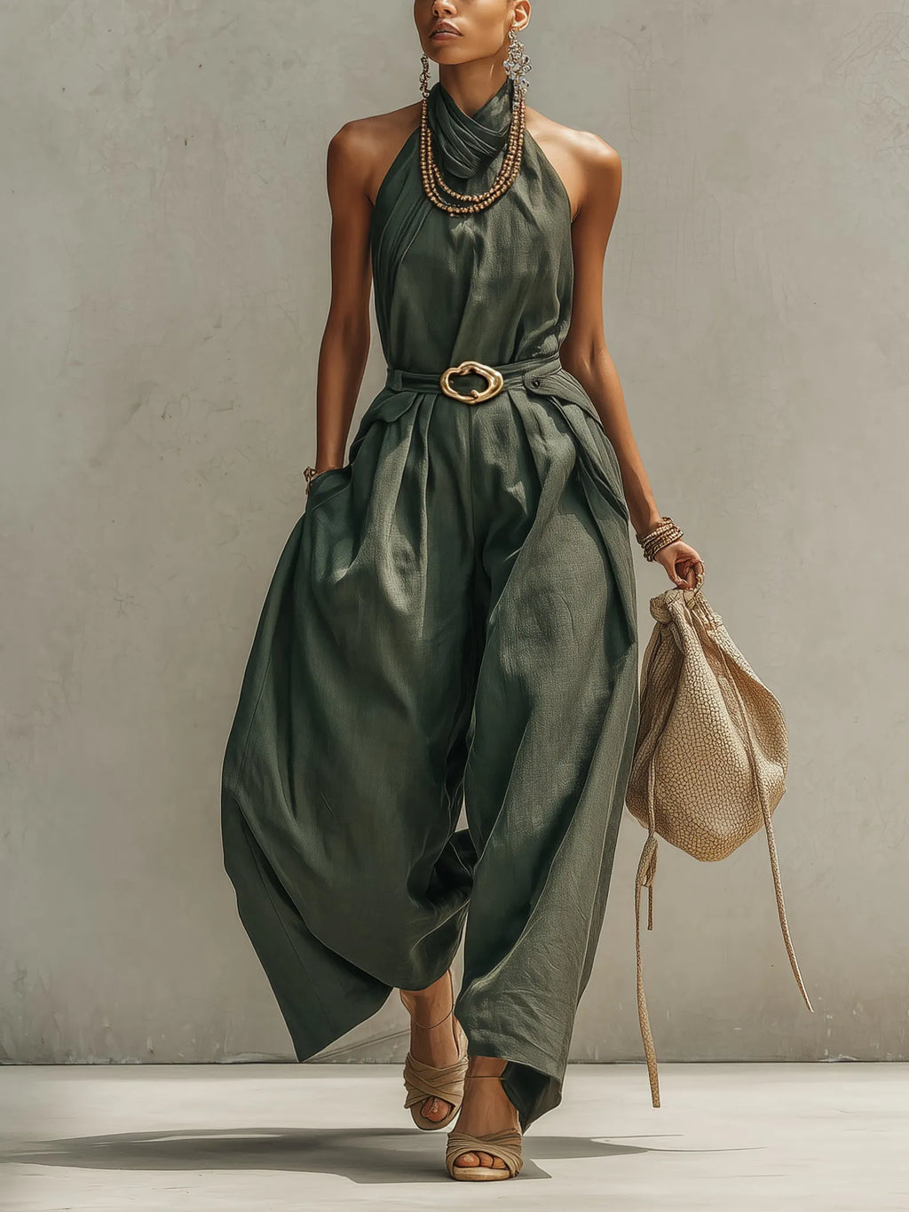 Green Linen Blend Sleeveless Jumpsuit