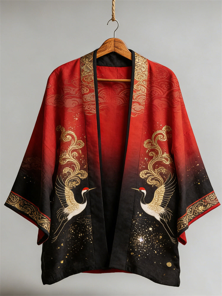 Japanese Cranes Glitter Art Gradient Linen Kimono