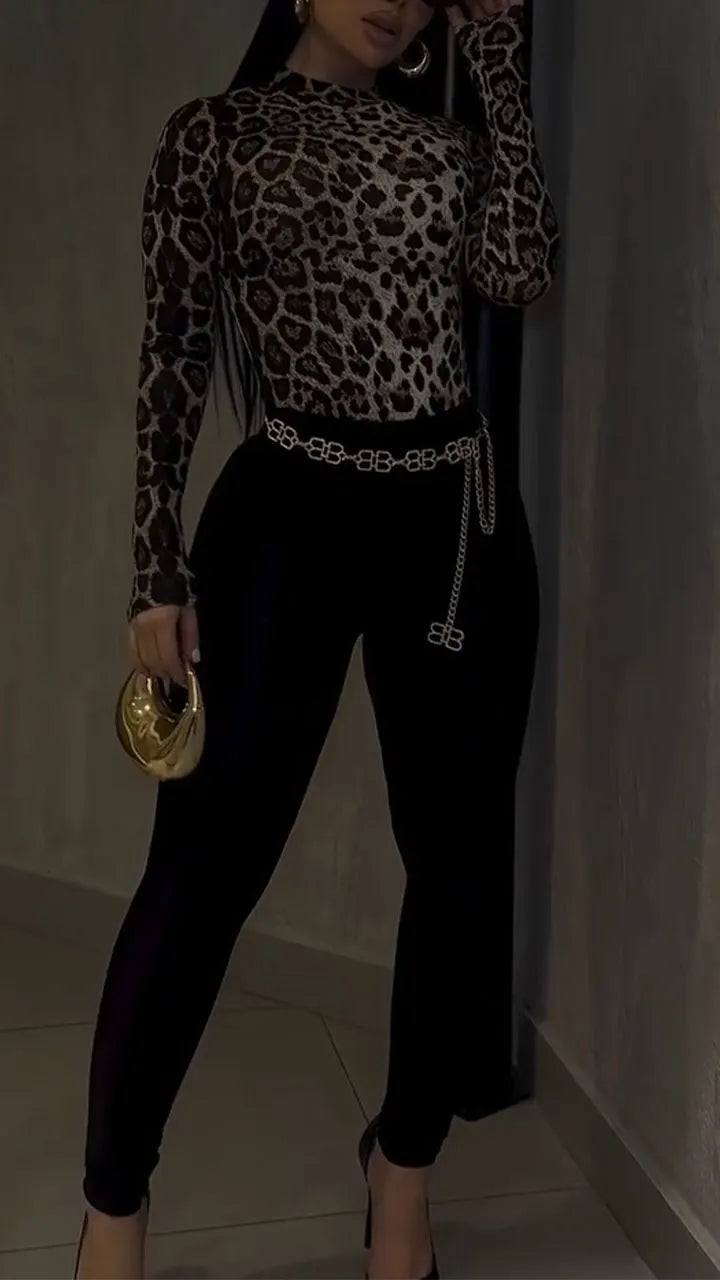 Women Round Neck Leopard Print Top+ Pants Tight Fitting Temperament Set