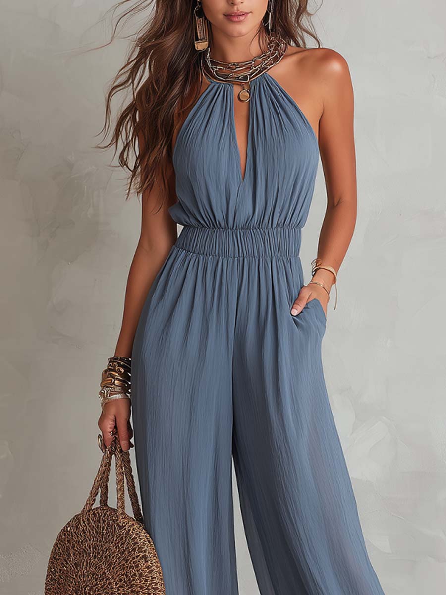 Retro Halter-Neck Texture Chiffon Jumpsuit