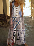 Vintage Square Patchwork Boho Art Women's Linen Wide Leg Jumpsuit