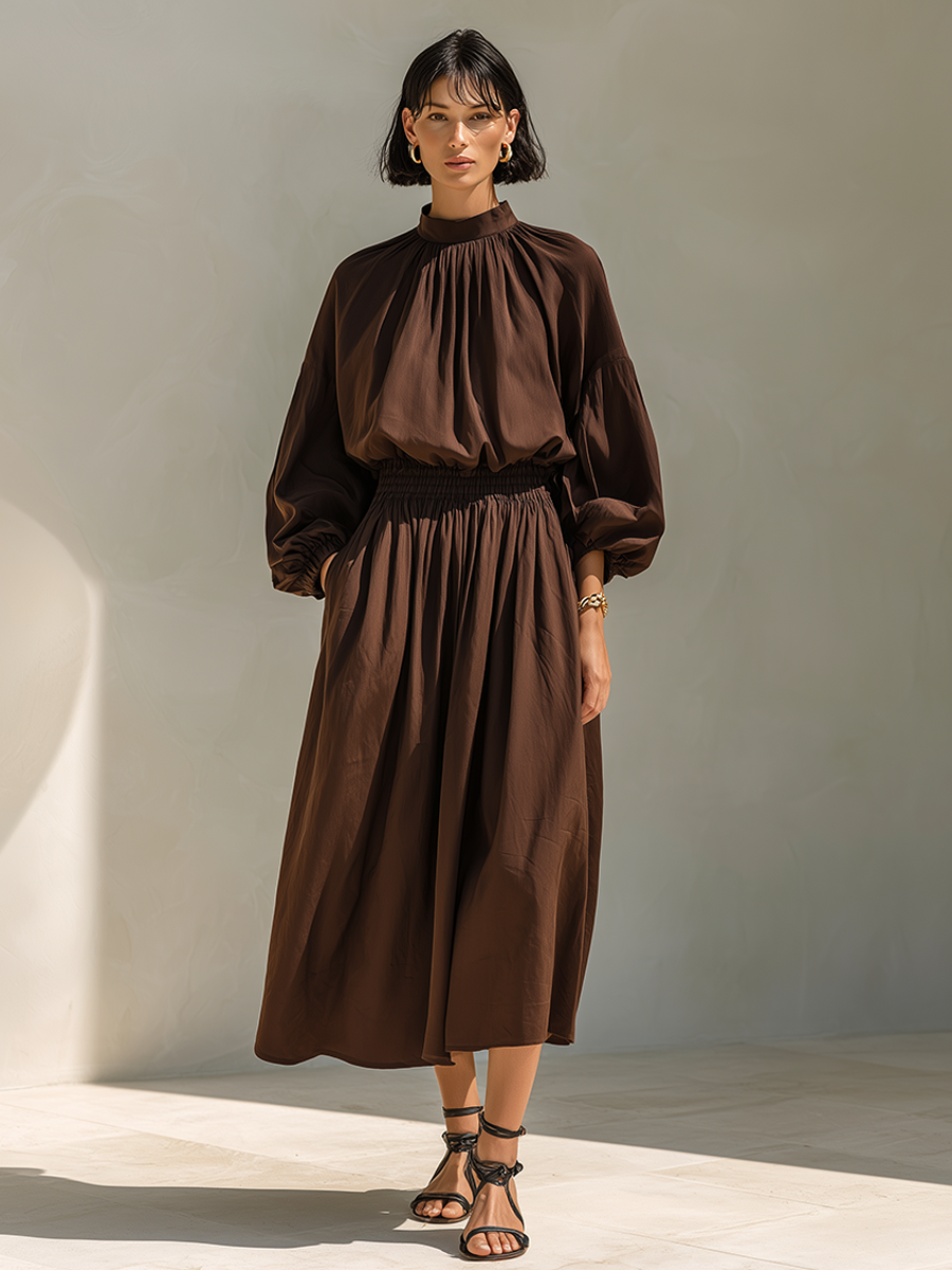 Women's Dark Brown Cotton Blend Gathered High Neck Balloon Sleeve Midi Dress MDZ2109G8ZRK