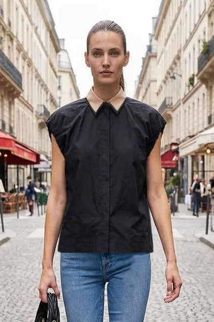 Short Sleeve Blouse with Detachable Collar