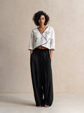Women's Artistic Vintage Off-White Floral Print Cross-Front V-Neck Cropped-Sleeve Top & Black Wide-Leg Pants Set MDZ0925G5CMX
