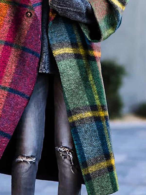 Loose Three-Quarter Sleeves Contrast Color Plaid Split-Joint Lapel Outerwear Windbreakers Woolen Coat