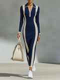 Women's Two-Tone Navy Cream Stretch Knit Maxi Gown With Point Collar Zip Placket & Hollow Out Side Trim, Elegant Slim Fit Long Sleeve Knit Maxi Dress MDZ2486G9LYL