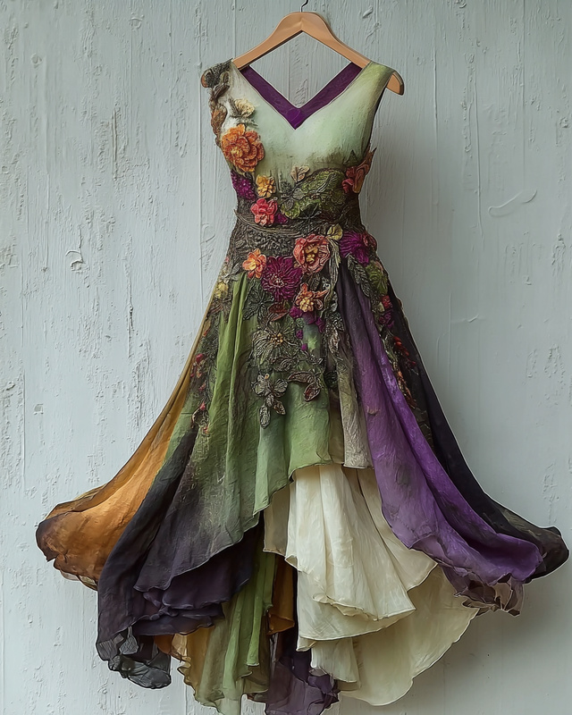 Elegant Green and Purple Lace Dress 7cdd