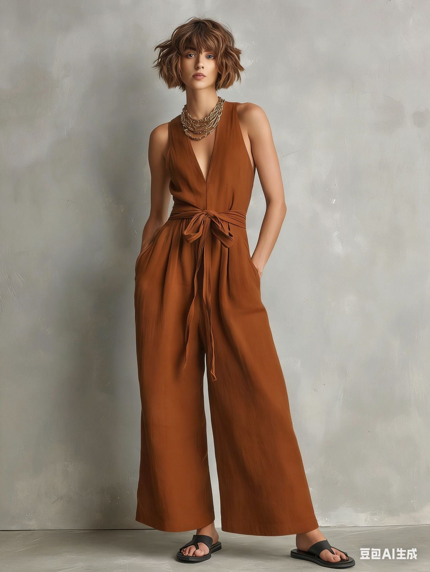 Momocco Elegant Waist-Knot Jumpsuit - Sleeveless Wide-Leg One-Piece Quiet Luxury Set