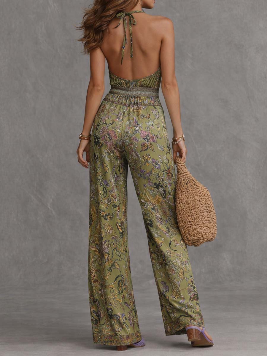 Bohemian Satin Halter Print Wide-Leg Jumpsuit