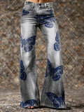 Women's Retro Butterfly Art Print Casual Washed Pants