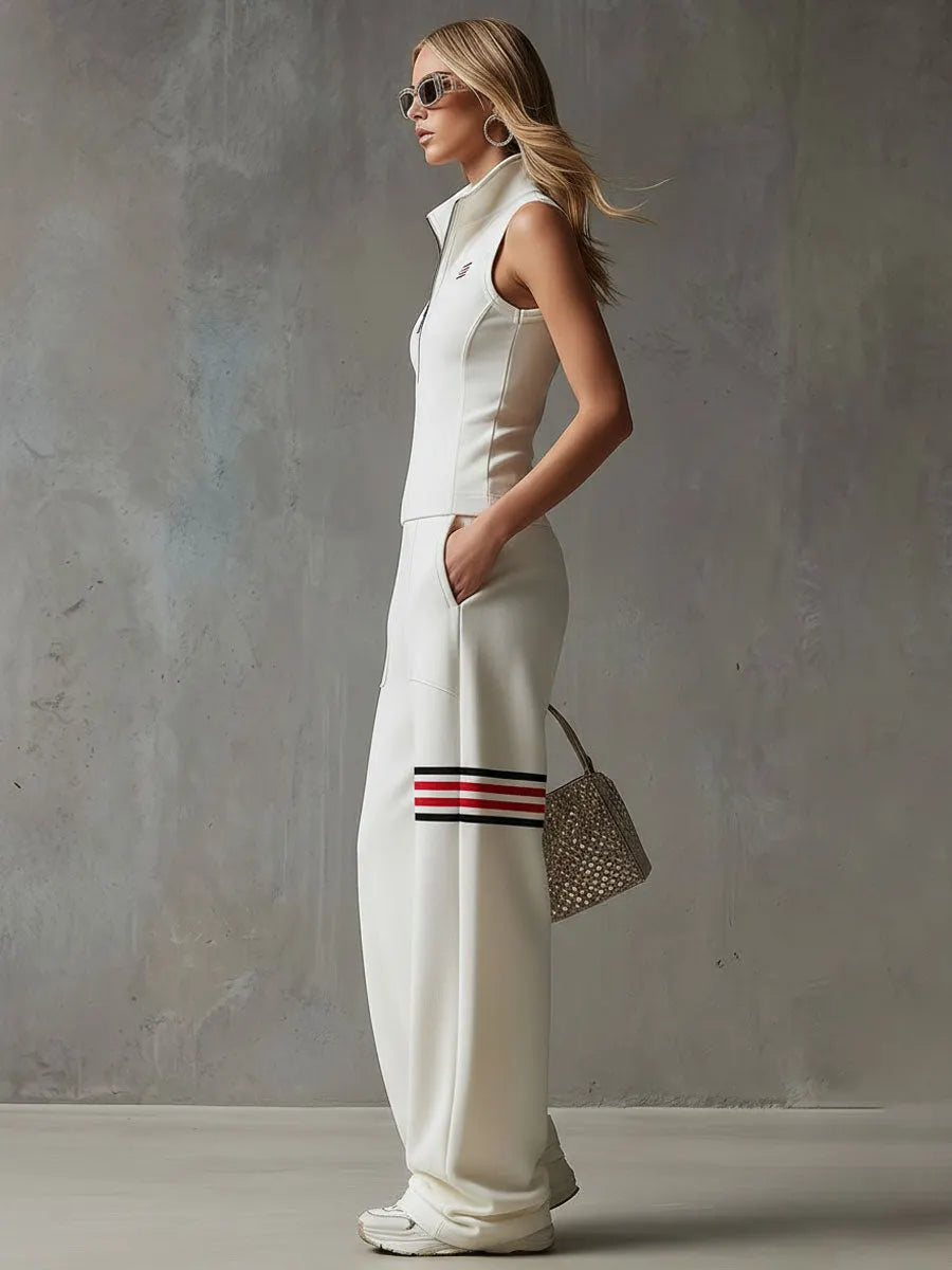 Sporty Retro White Striped Embroidered Sleeveless Vest And Wide-Leg Pants Set