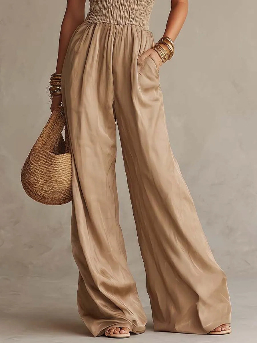 Bohemian Satin Halter Smocked Wide-Leg Jumpsuit