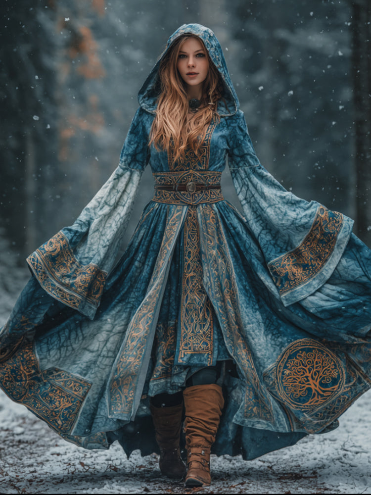 Women's Viking Style Gold Print Tree Of Life Blue Tie Dye Cape