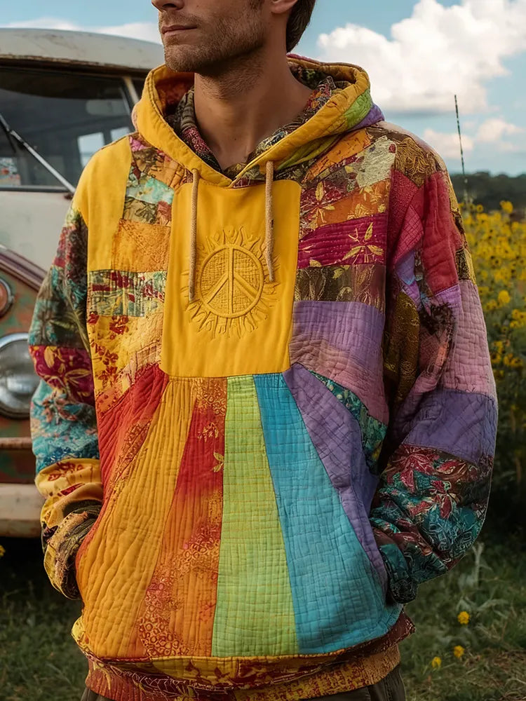 Men's Retro Hippie Peace Sign Patchwork Comfy Hoodie