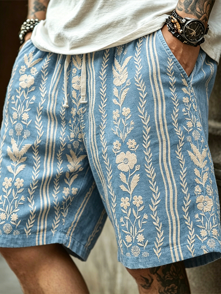 Bohemian Plant Flower Embroidered Pattern Retro Casual Linen Shorts