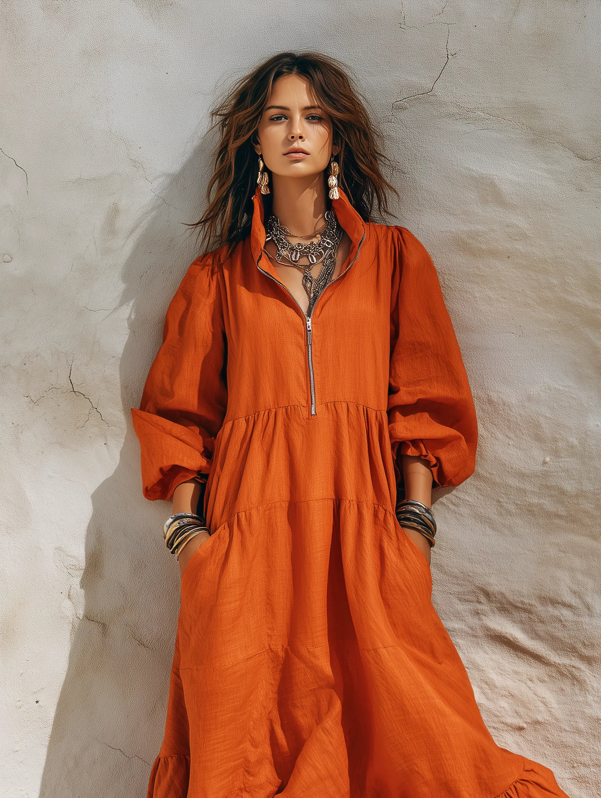 Women's Casual Orange Cotton-Linen Maxi Dress With Half-Zip Collar And Three-Quarter Sleeves MDZ2433G0LXY