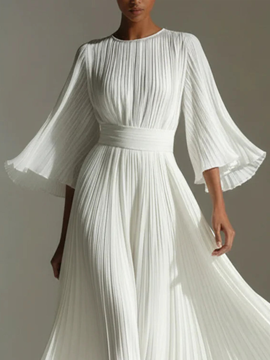 Formal White Round Neck Flare 3/4 Sleeve Pleated Elegant Chiffon Maxi Dresses