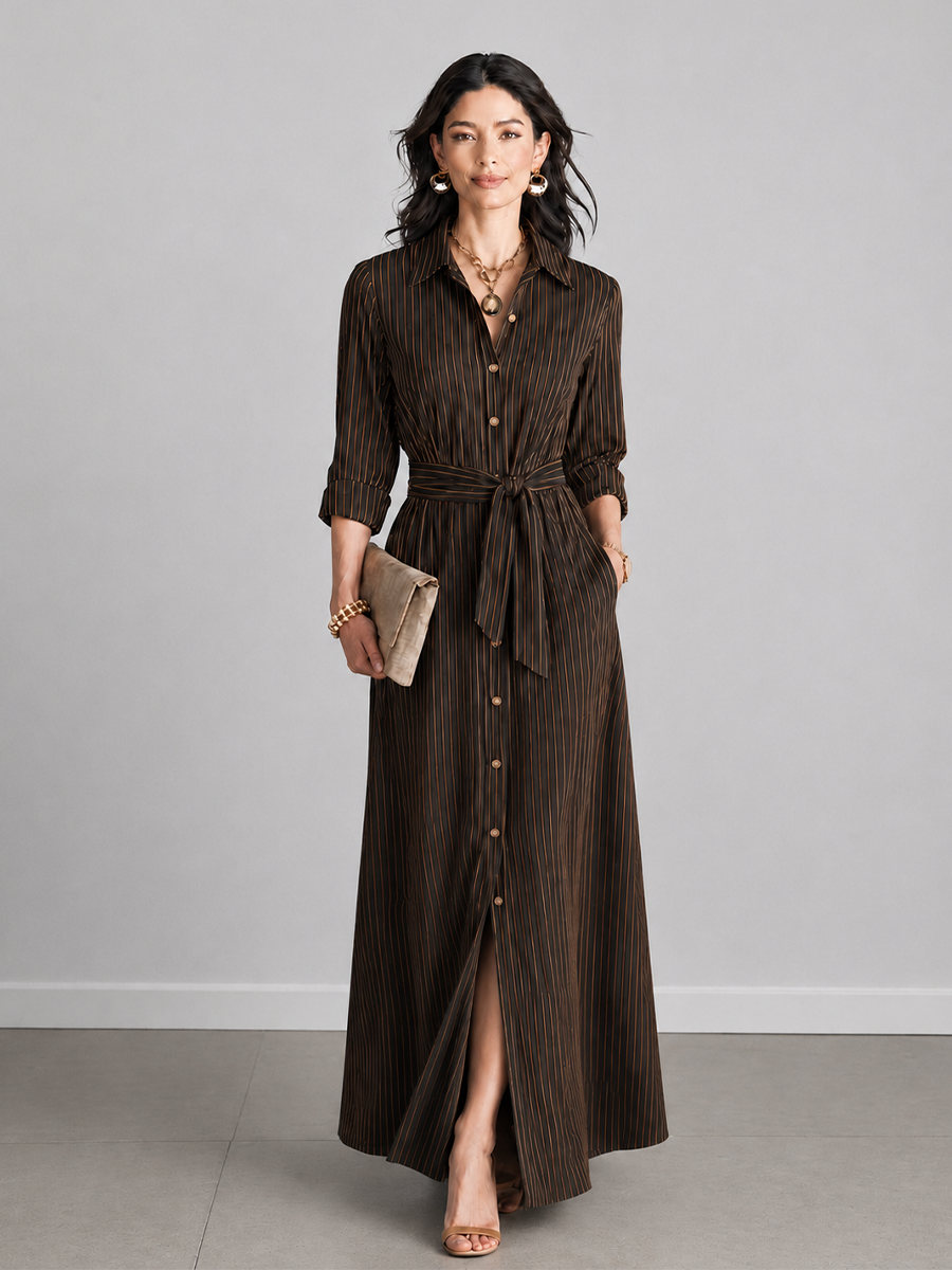 Women's Elegant Black Brown Cotton Blend Pinstripe Button Belted Split Maxi Shirt Dress MDZ2245G2GMJ