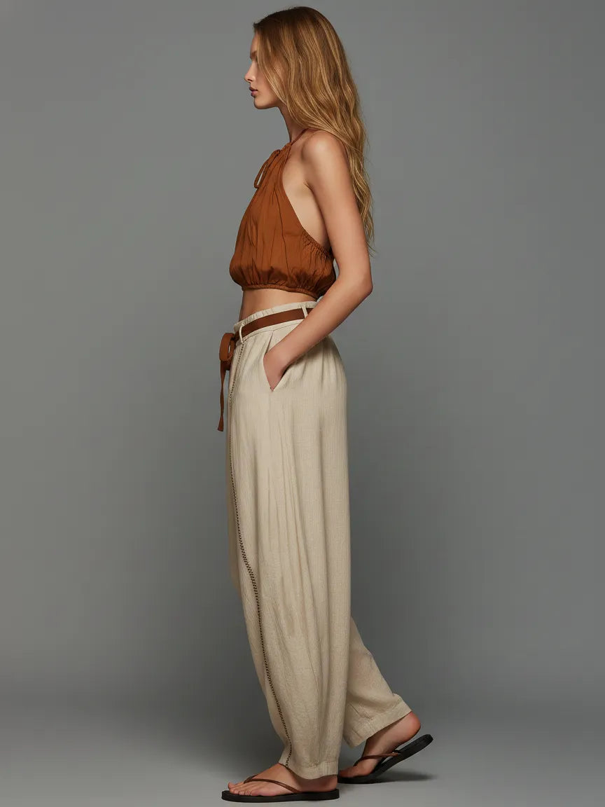Women's Casual Brown Cotton-Linen Sleeveless Halter Top Paired With Beige Embroidered Trousers MDZ1512D0LXY