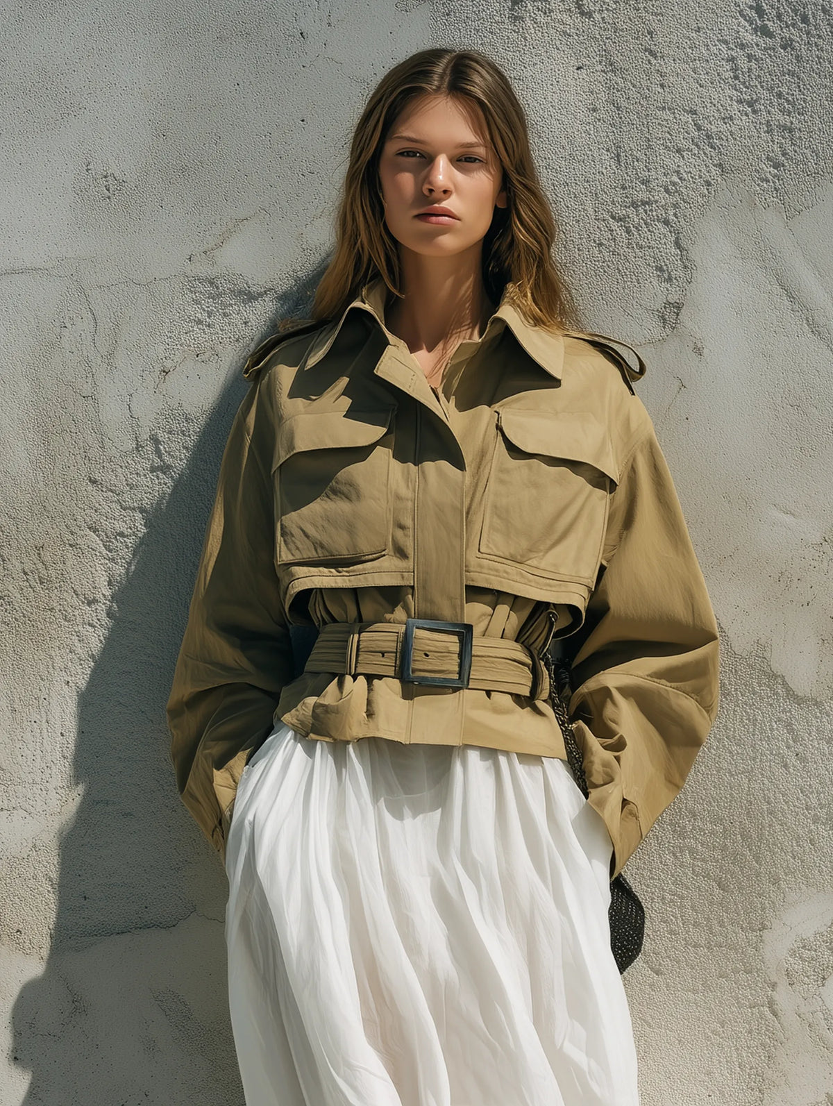Women's Casual Khaki Woven Long-Sleeve Utility-Style Cropped Trench Coat (Belt Included) MDZ2408G9LXY