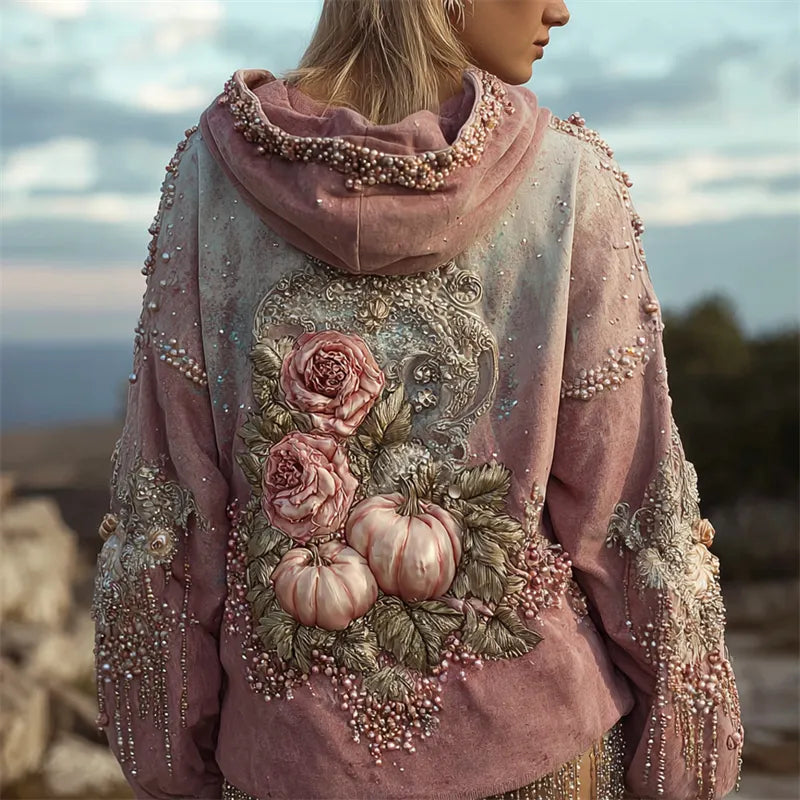 Thanksgiving Pink Pumpkins Roses Glitter Beaded Gradient Hoodie