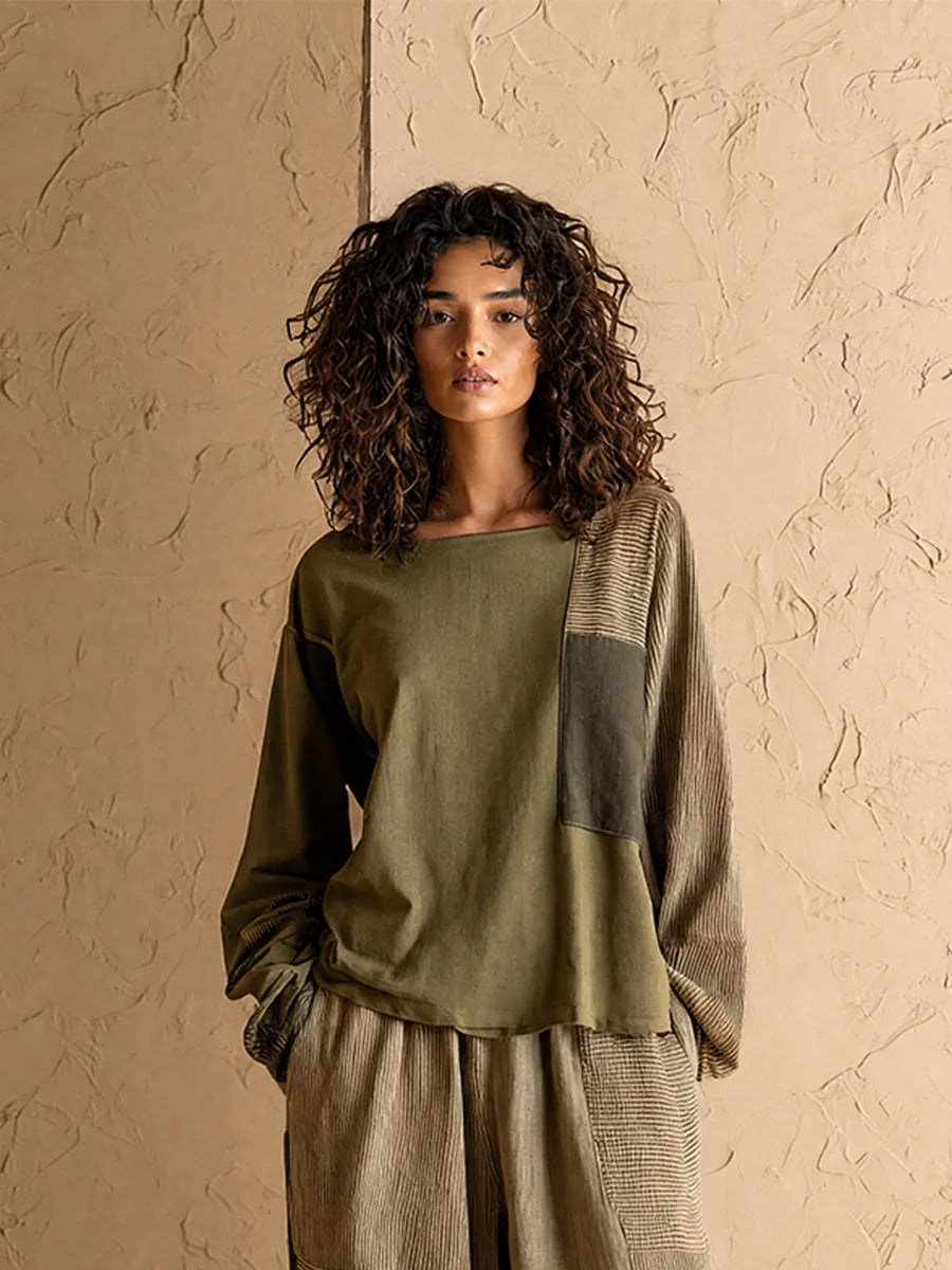 Women's Casual Vintage Army Green Cotton-Linen Patchwork Loose Round Neck Long-Sleeve Top & Wide-Leg Pants Set MDZ0982G6CMX