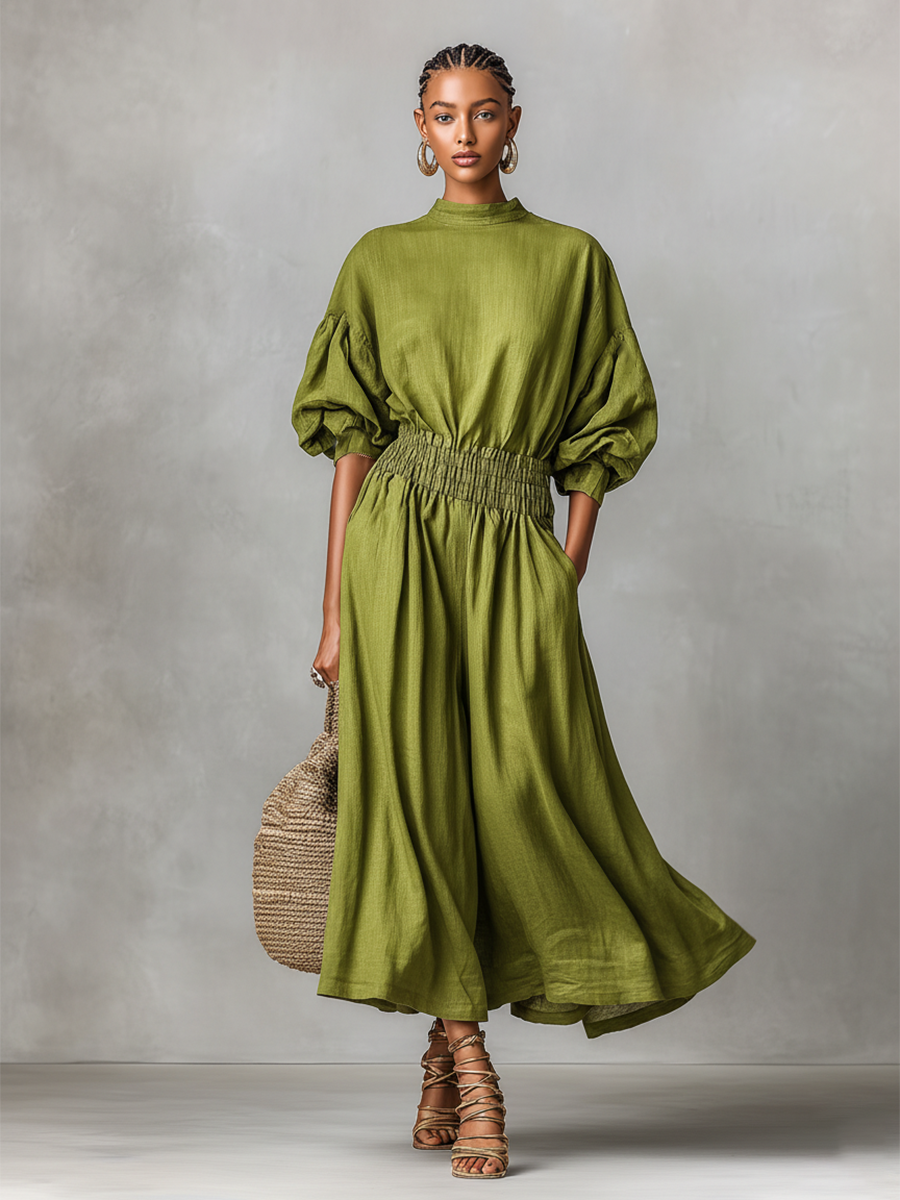 Women's Green Linen Dress With High Neck & Ruched Waist, Timeless Minimalist-Elegant Style Dress MDZ2830B5I