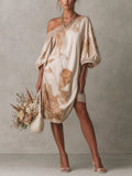 Beige Oversized Abstract Print Midi Dress