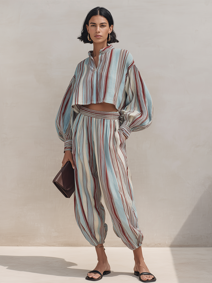 Women's Multicolor Vertical-Stripe Linen Blend Half-Zip Crop Top & Jogger Pants Set MDZ1694G9ZRK