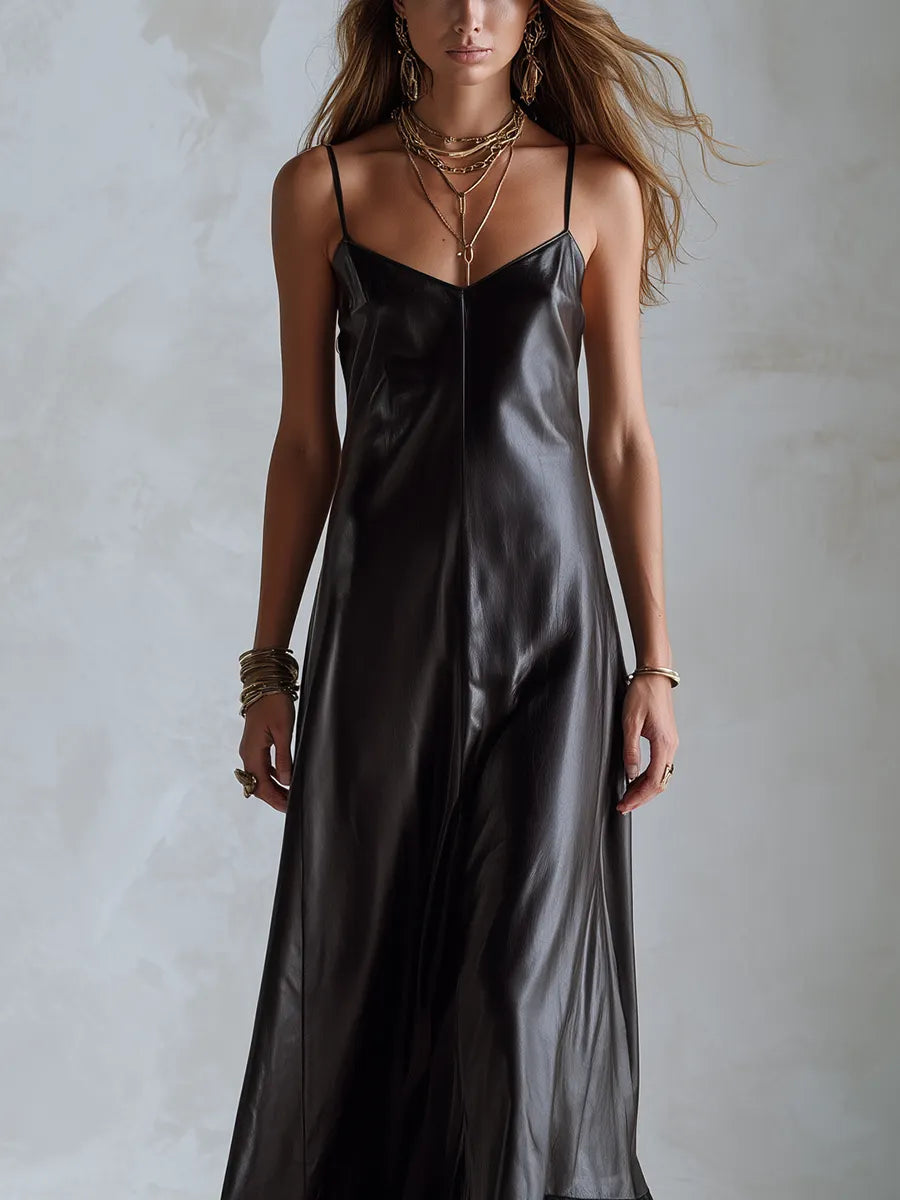 Bohemian Black PU Leather Lace Maxi Dress