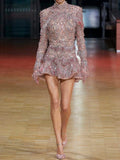 Party Long Sleeves Floral Printed Ruffled Shiny Round-Neck Mini Dresses