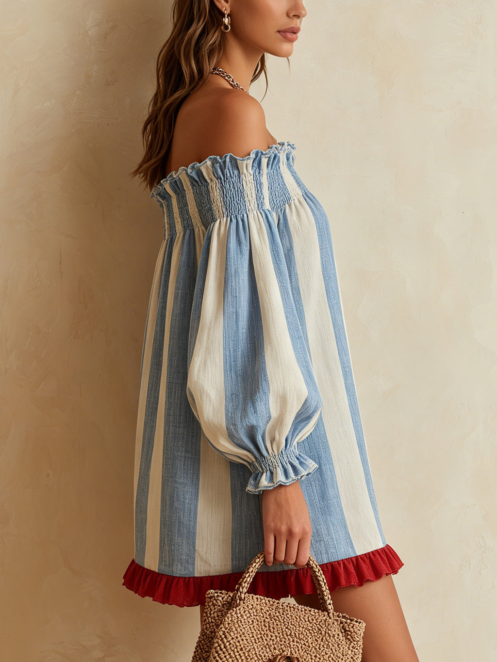 Blue And White Striped Off-Shoulder Mini Dress With Red Ruffle Hem
