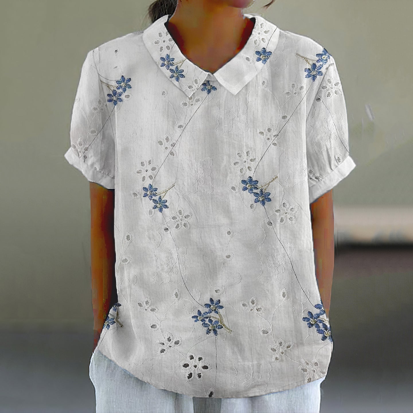 Women's Floral Lace Embroidery Lapel Short Sleeve Casual Blouse