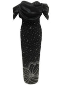 Draped Bardot Crystal Pearl Floral Maxi Dress Black