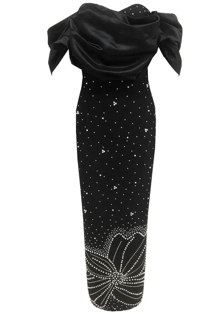 Draped Bardot Crystal Pearl Floral Maxi Dress Black