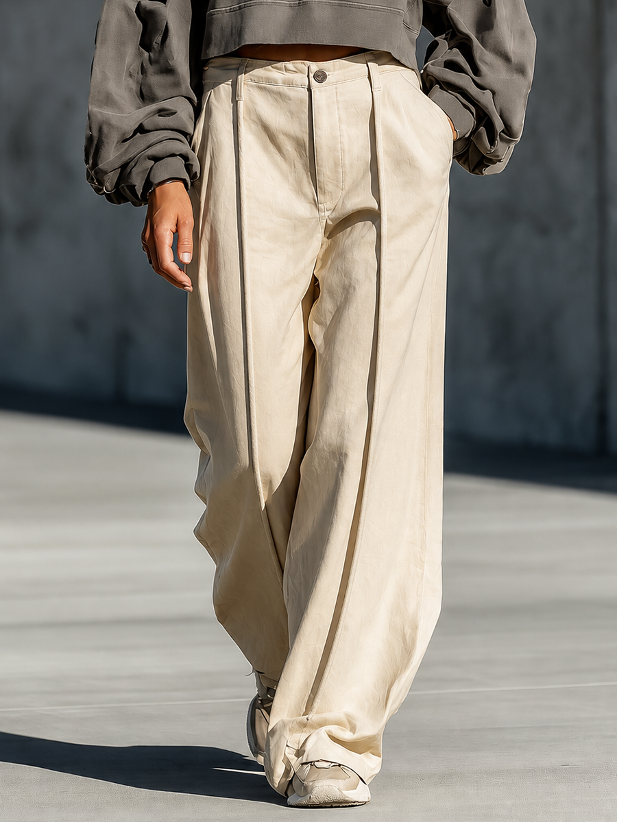 Women's Vintage Gray Crisscross Lace Up Cropped Hoodie Oversized Long Sleeve Top Cream Front Seam Wide Leg Trouser Matching Set MDZ2738G7YZJ