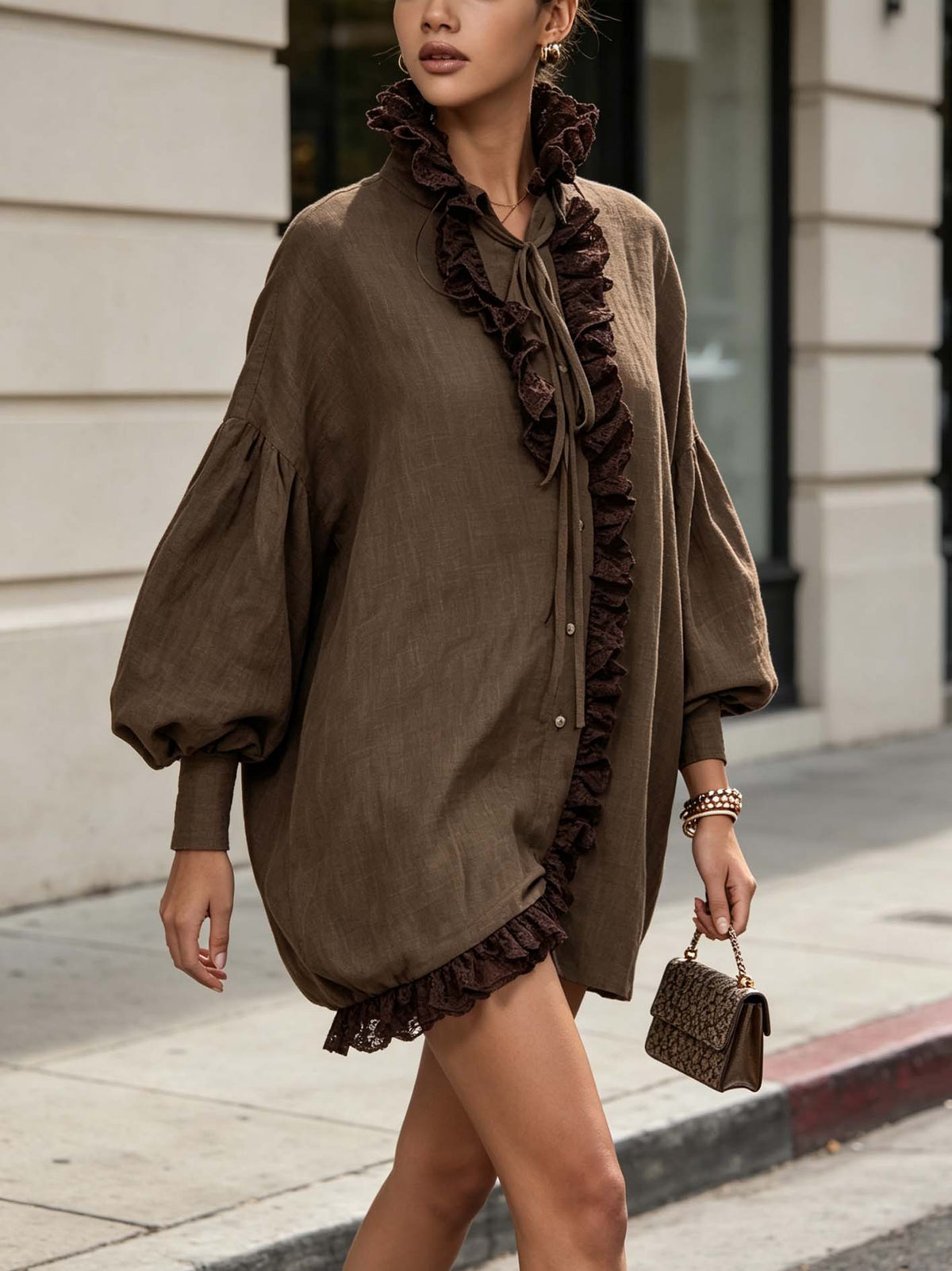 Oversized Lace Ruffle Trim Balloon Sleeve Linen Shirt Dress