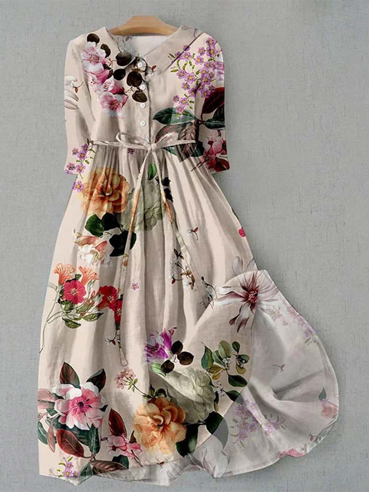 Vintage Botanical Floral Design Print Lace-Up Dress
