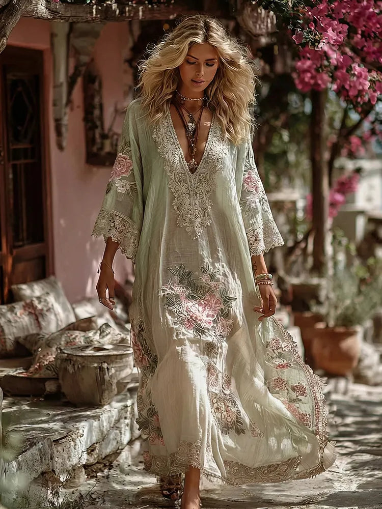 Women's Vintage Floral Lace Embroidery Art V-neck Kaftan