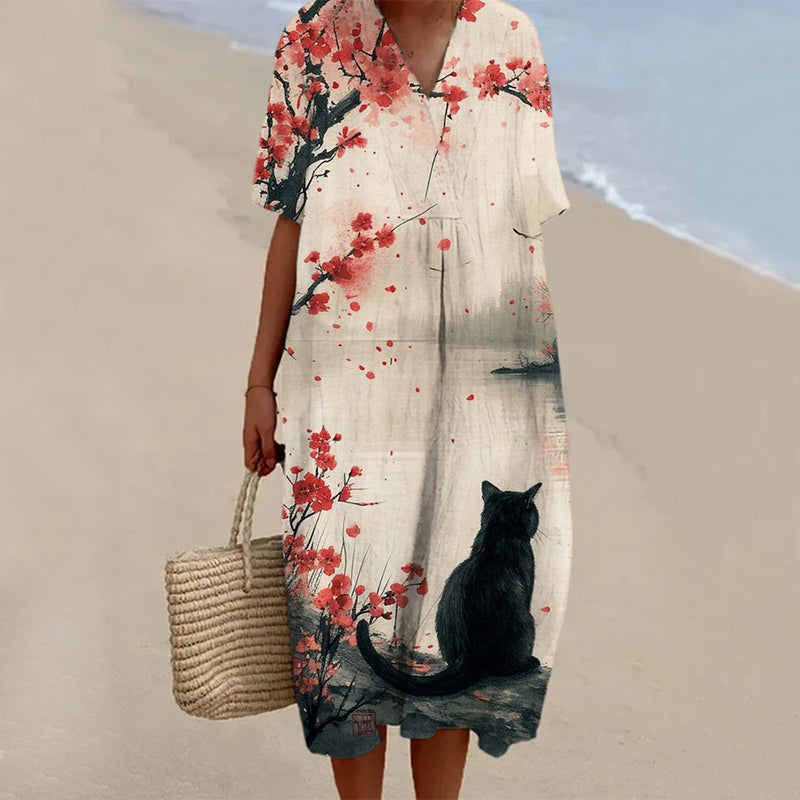 Japanese Floral & Cat Pattern Women's V-neck Short Sleeve Linen Maxi Dress